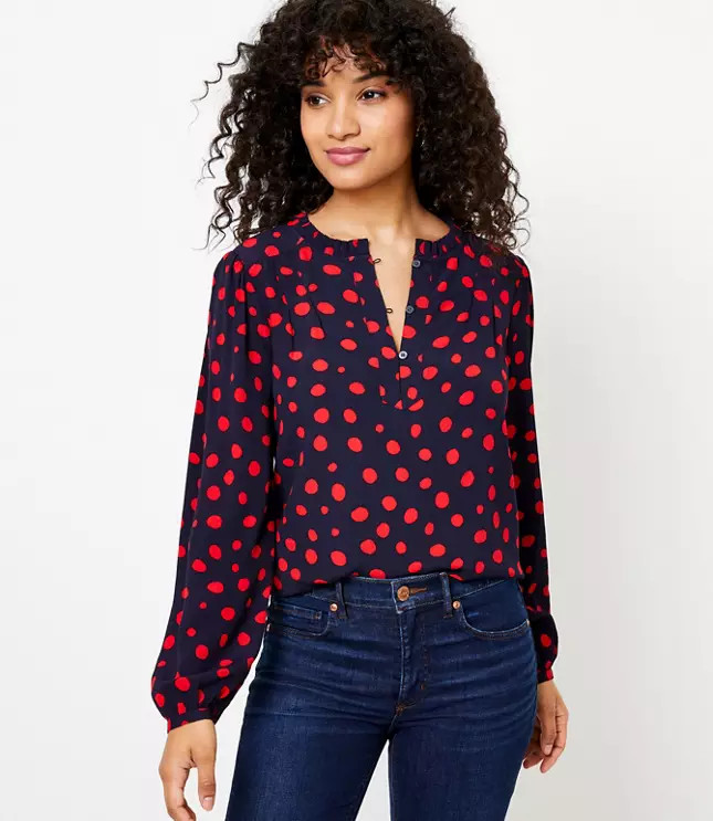 Dotted Split Neck Blouse | LOFT