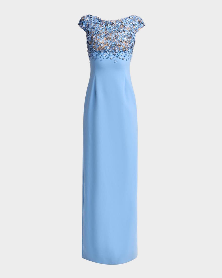 Bitty Hoya Flowers Embroidered Cap-Sleeve Gown | Neiman Marcus
