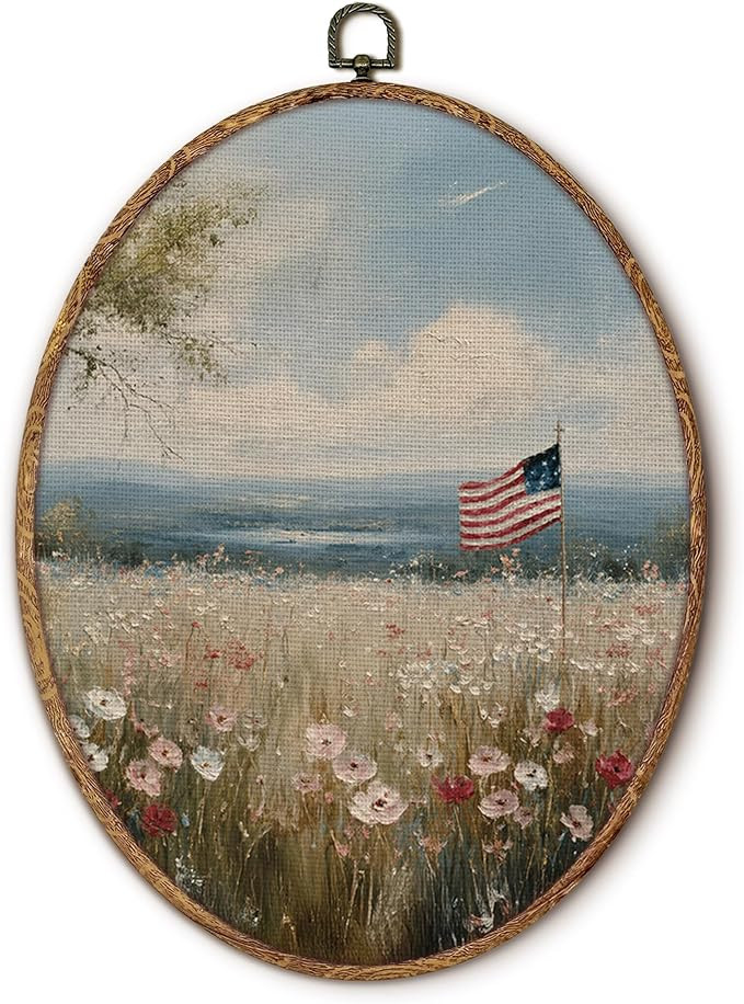 fZSZSD Patriotic American Flag Wildflower Oval Wall Art Decor, Cottagecore Oval Framed Canvas Art... | Amazon (US)