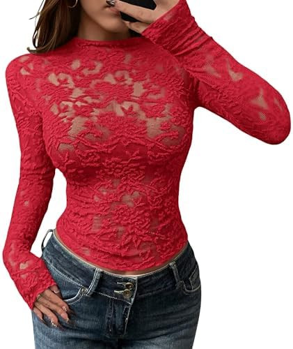 BTFBM Mesh Long Sleeve Tops for Women Lace Sexy Sheer Tight See Through Crew Neck Spring Fall 202... | Amazon (US)