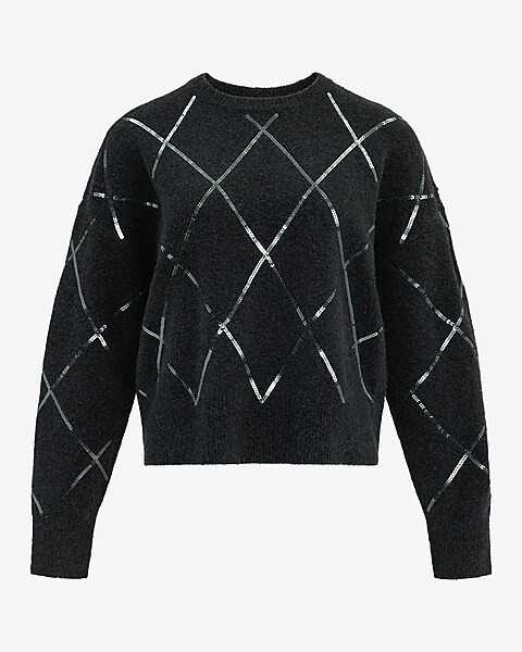 Sequin Argyle Crew Neck Sweater | Express