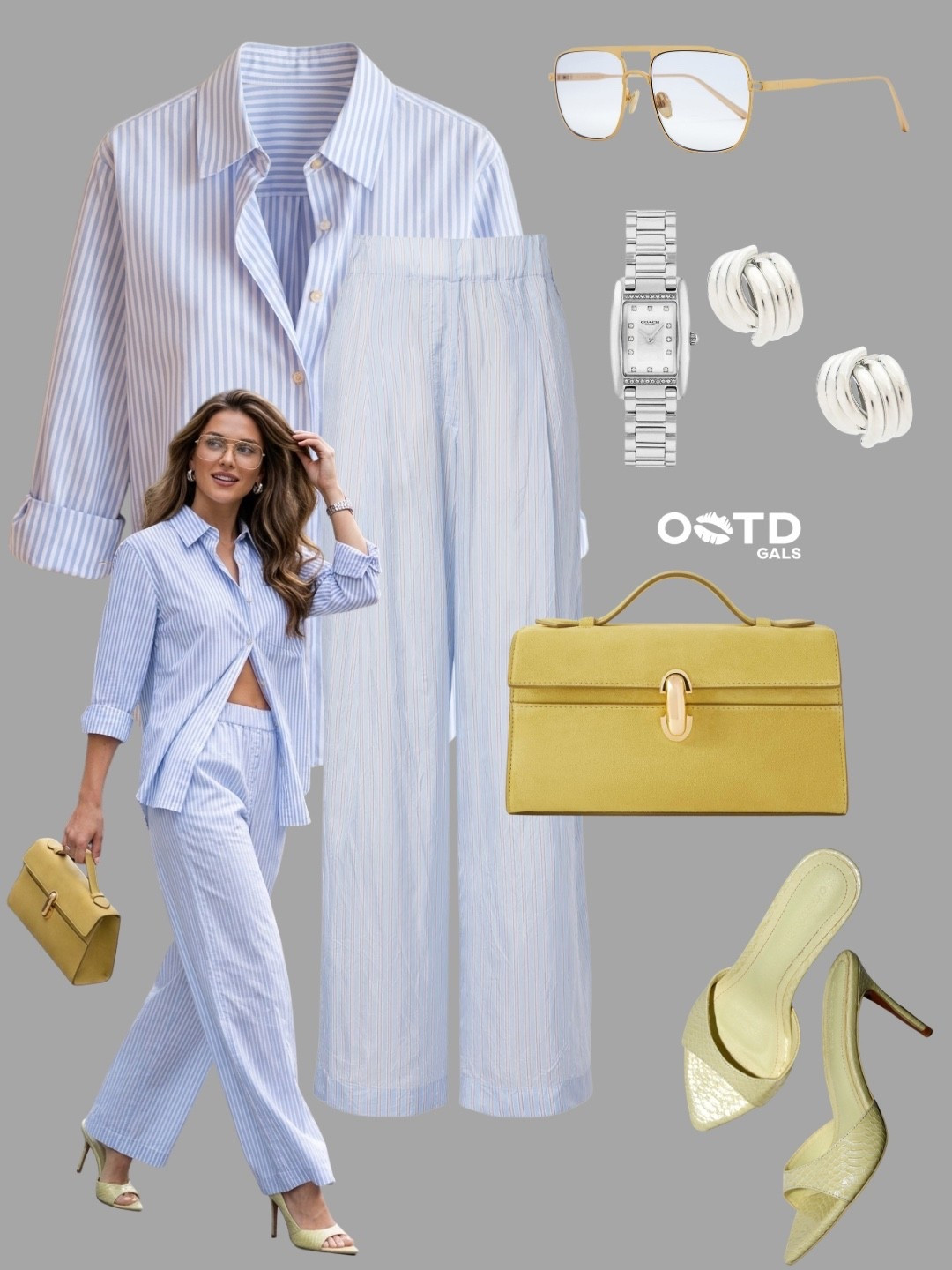 Soft blue stripes and buttery yellow accessories are the definition of effortless sophistication 💙💛

This coordinated set brings together relaxed tailoring and polished details for a look that feels both fresh and elevated. The soft striped shirt and matching wide-leg trousers create a streamlined silhouette, while the pastel yellow accessories add a subtle pop of color.

✨ Style Details:
• Blue and white striped button-front shirt
• Matching striped wide-leg trousers
• Pale yellow structured top-handle bag
• Textured pastel yellow mule heels
• Silver statement earrings and crystal-accent watch
• Gold metal-frame oversized glasses

The mix of cool blue tones and soft yellow accents creates a refined color combination that feels perfect for spring and summer. Comfortable enough for all-day wear yet polished enough for special occasions.

Perfect for brunch dates, city strolls, vacation dinners, business-casual events, lunch meetings, shopping days, or stylish weekend outings.