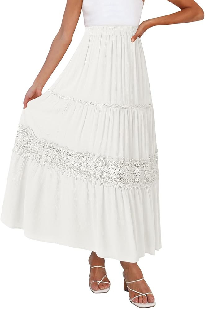 MEROKEETY Women's Boho Elastic High Waist Pleated A-line Ruffle Lace Trim Tiered Midi Maxi Skirt ... | Amazon (US)