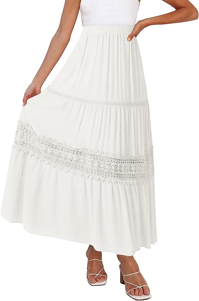 ZESICA Women's 2023 Summer Bohemian Solid Color Lace Trim Flowy A Line Beach Long Maxi Skirt with... | Amazon (US)