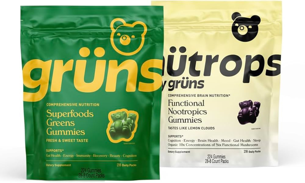 Gruns Superfood Green + New Nütrops Gummy Bundle, Organic Nutritional Supplement 2 x 28 Pack: Mu... | Amazon (US)