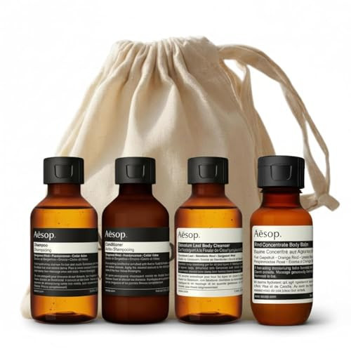 Aesop Arrival Travel Shower Set (4-Piece) Hair & Body Care Kit – Shampoo, Conditioner, Geranium Leaf Body Cleanser & Rind Concentrate Body Balm – 1.7oz/50mL Each – Gift Set with Reusable Canvas Bag | Amazon (US)
