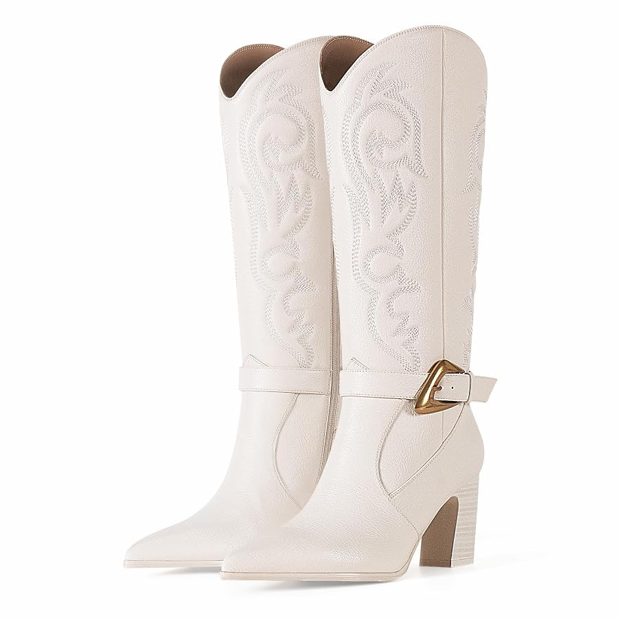 Western Cowboy Boots for Women - Knee High Calf Cowgirl Boots with Classic Embroidered with Gold ... | Amazon (US)