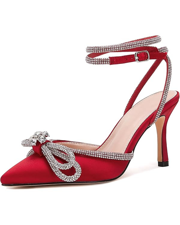 VETASTE Women's Double Bow Pointed Toe Ankle Strap Crystal Pumps Wedding Bridal Party Stilettos B... | Amazon (US)