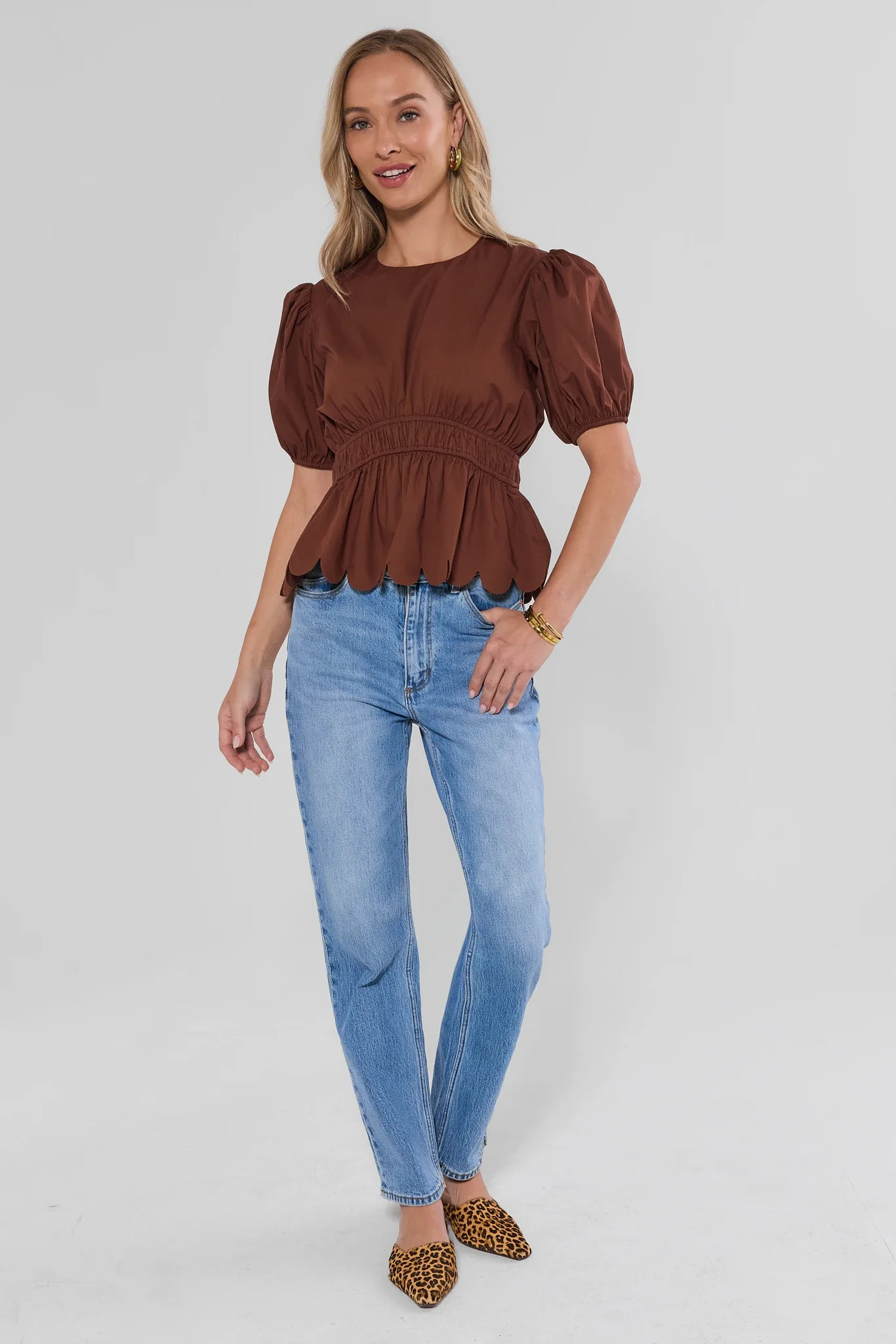Brown Scalloped Peplum Top | Avara