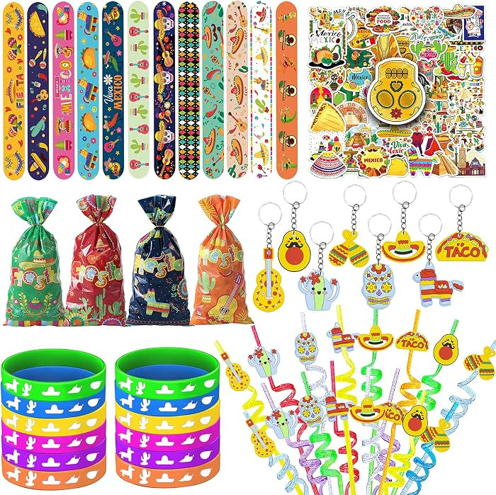 Mexican Fiesta Party Favor 122 PCS Mexican Themed 12 Slap Bracelets 12 Silicone Bracelets 50 Stic... | Amazon (US)
