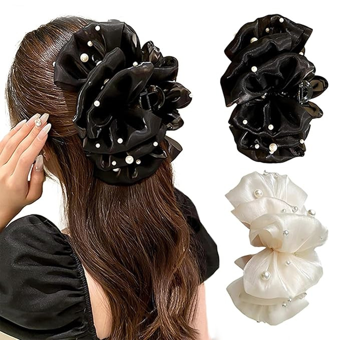 Paderison Hair Claw Clips for Women Black Silk Pearl Bow Hair Clip Chiffon Bows Bubble Clips Larg... | Amazon (US)