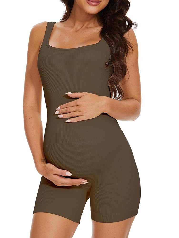 Maternity Workout Romper Pregnancy Yoga Ribbed One Piece Seamless Tank Top Jumpsuit | Amazon (US)