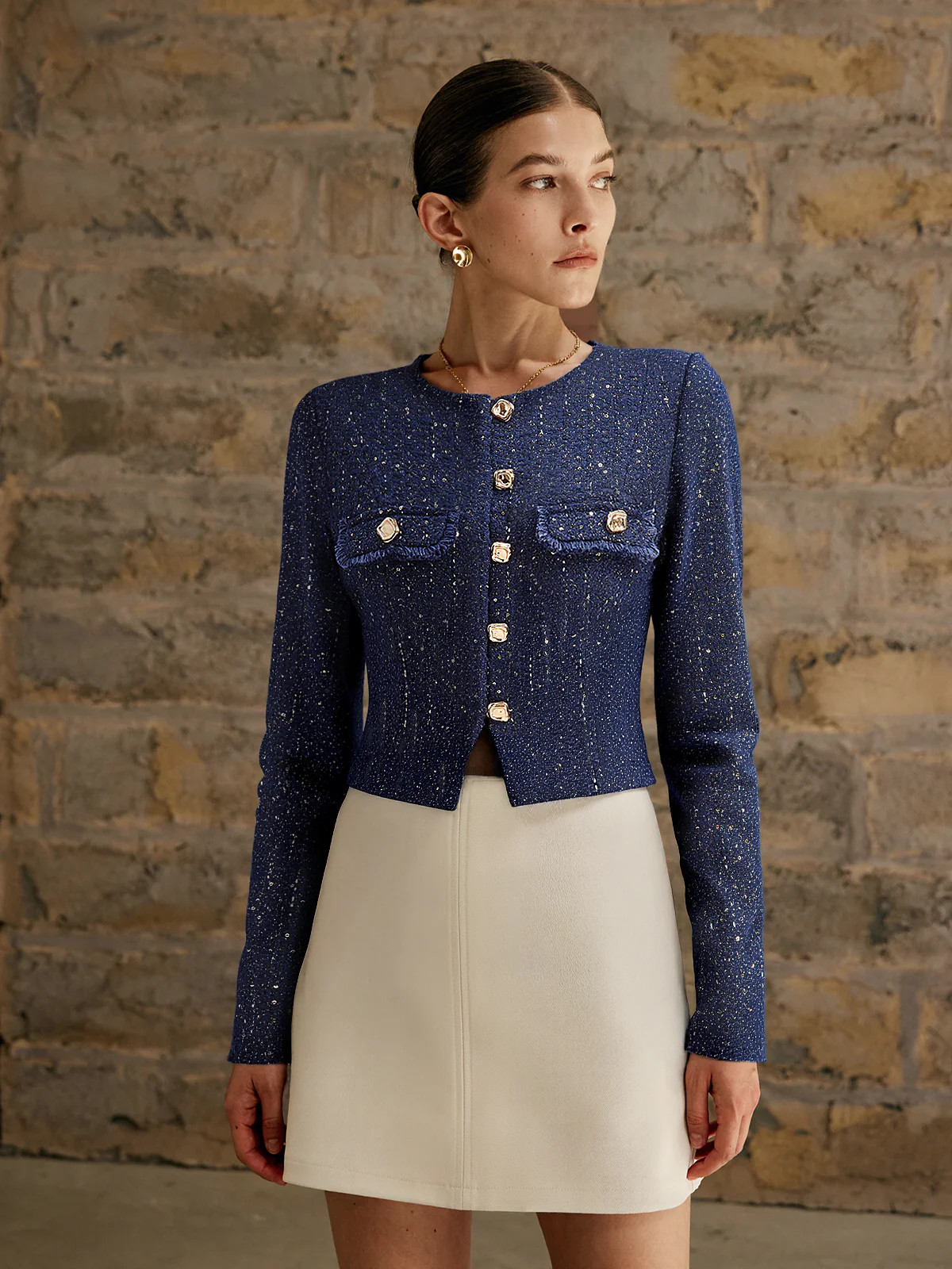 Metal Button Sequin Tweed Blazer | Commense