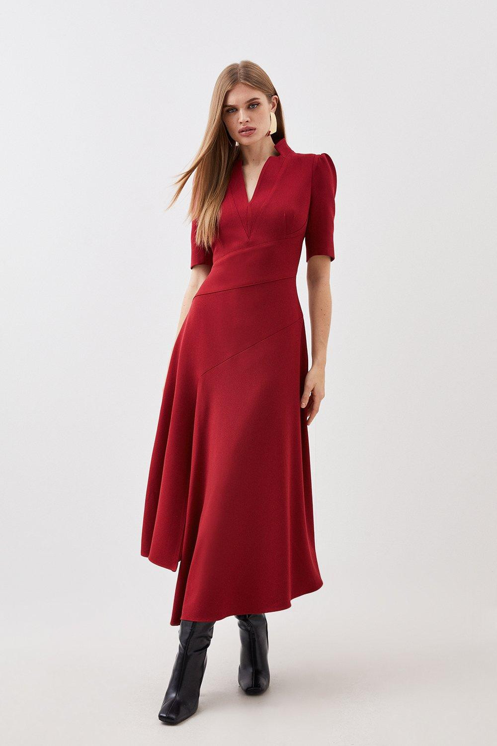 Tailored Structured Crepe Forever Drape Detail Short Sleeve Midi Dress | Karen Millen UK + IE + DE + NL