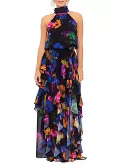 Women's Sleeveless Halter Neck Ruffle Skirt Floral Chiffon Gown | Belk