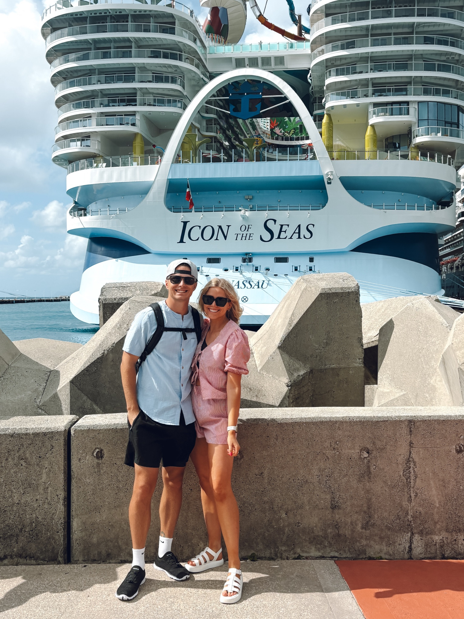 Cruise beach island outfits! 
Gingham set: wearing M but could’ve sized up one 
Sandals: true to size 
Mens swim shorts: true to size 
My swimsuit: true to size 

| swimwear | swimsuit | beach | vacation | travel | spring break outfit 