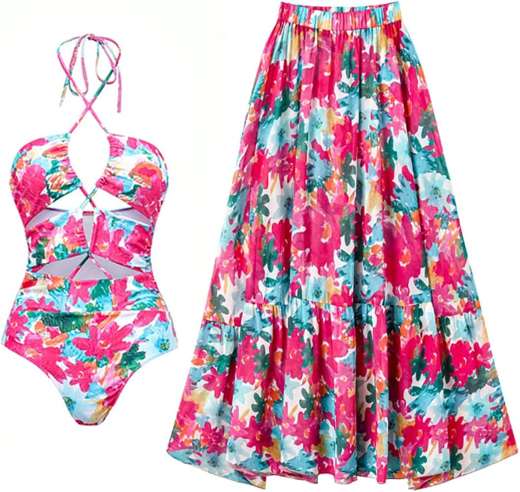 IDOPIP Women's One Piece Swimsuit with Beach Cover up Wrap Skirt Sarong Retro Floral Print Bikini... | Amazon (US)