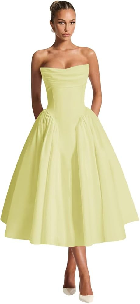 Cudiew Satin Prom Dress Strapless Ruched Corset A Line Formal Cocktail Party Dress for Women Tea ... | Amazon (US)
