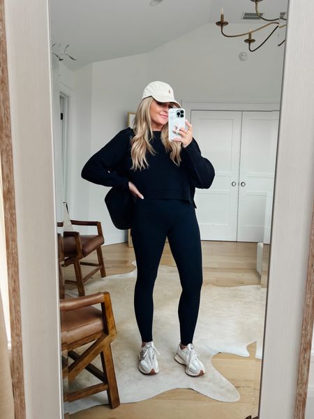 All Black Athleisure Wear Outfit Comfy Mom Style

Spring Capsule Wardrobe

Leggings - size down 1
Tank - size up if larger chested
Sweater - TTS