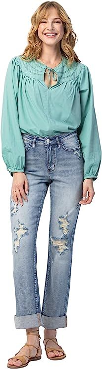 Judy Blue Women's High Waist Double Cuff Fray Hem Boyfriend Jeans | Amazon (US)