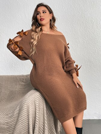 SHEIN Privé Plus Off Shoulder Bow Detail Sweater Dress | SHEIN