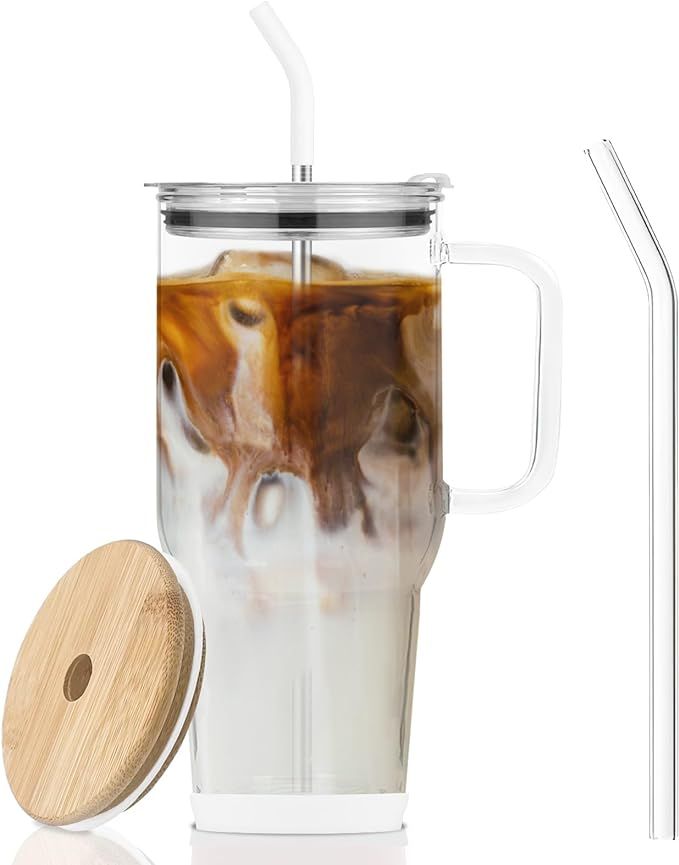 32 oz Glass Tumbler with Straw and Bamboo Lid, Large Capacity Glass Water Cup with Handle,Reusabl... | Amazon (US)