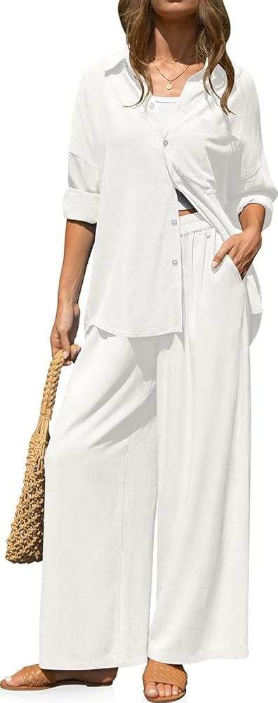 TARSE Women's Linen 2 Piece Outfits Casual Lounge Sets Long Sleeve Button Down Shirts Wide Leg Pa... | Amazon (US)