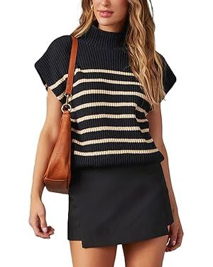 YKR Womens Mock Neck Sleeveless Sweater Vest Striped Cap Sleeve Casual Knit Pullover Tank Tops 20... | Amazon (US)