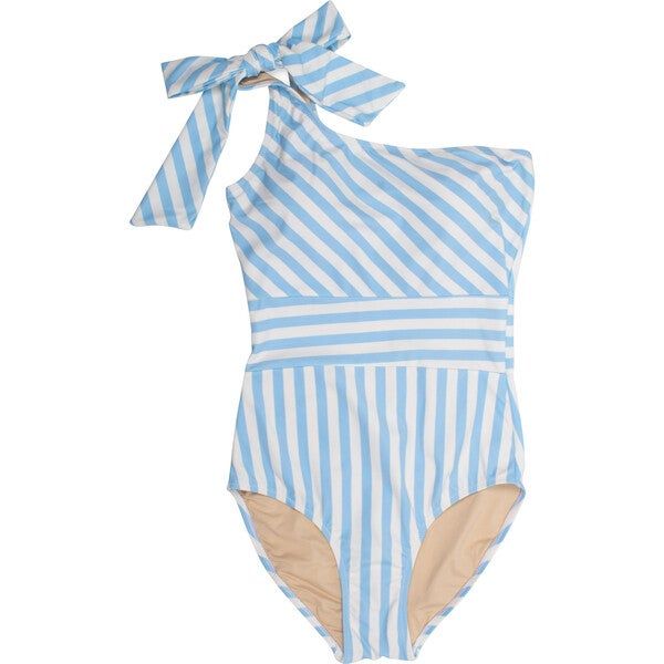 Women's One Piece One Shoulder Swimsuit, Light Blue Stripe | Maisonette