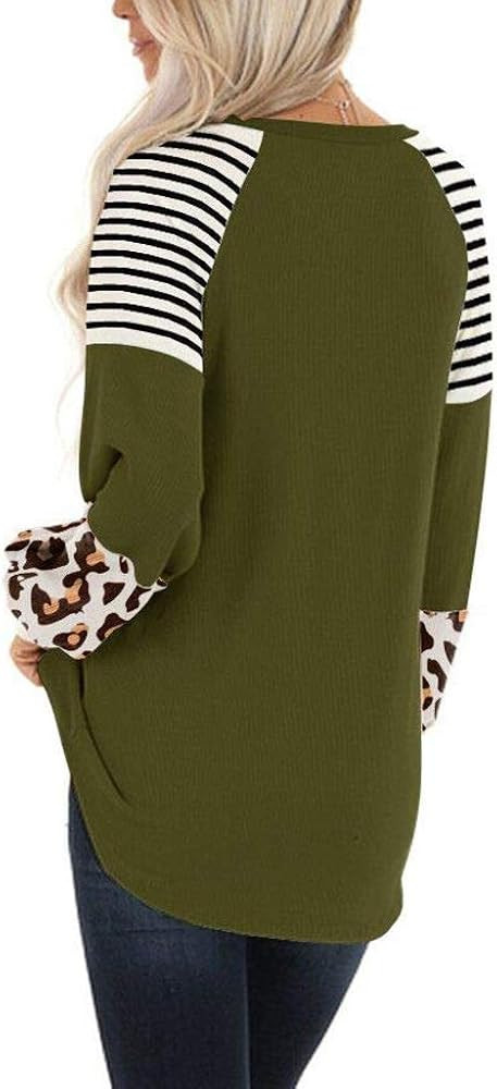 LALUNE Women Leopard Colorblock Top Striped Long Sleeve T Shirt Loose Pullover Casual Blouses Tun... | Amazon (US)