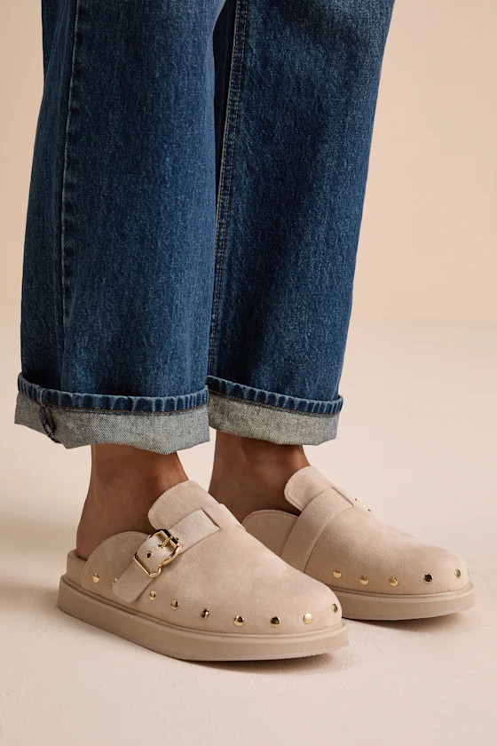 Tripoli Sand Suede Studded Slide-On Clogs | Lulus