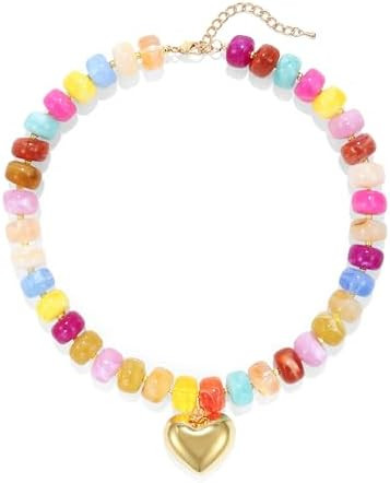 Chunky Heart Necklace for Women, Colorful Acrylic Beaded Statement Puff Heart Necklace, Cute Boho... | Amazon (US)