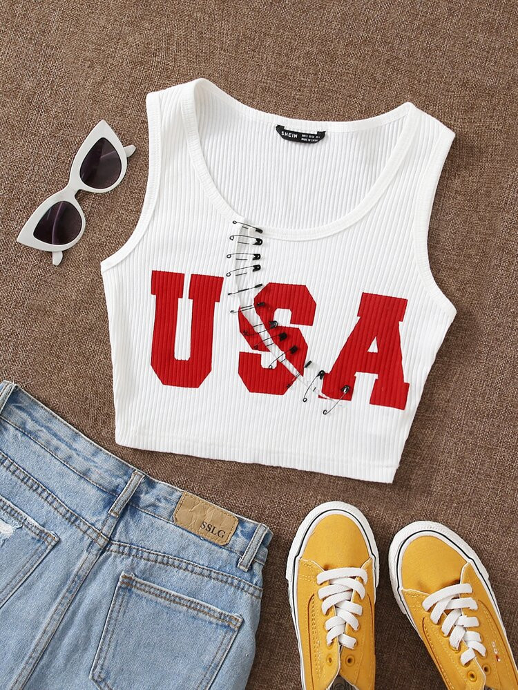 SHEIN Pin Front Letter Graphic Crop Tank Top | SHEIN