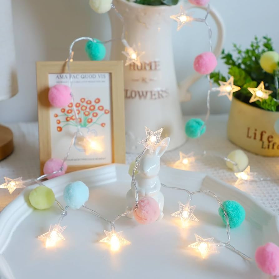 Indoor String Lights 6.56 Feet Pom Poms Star Lights 20 LED Battery Operated String Fairy Lights W... | Amazon (US)