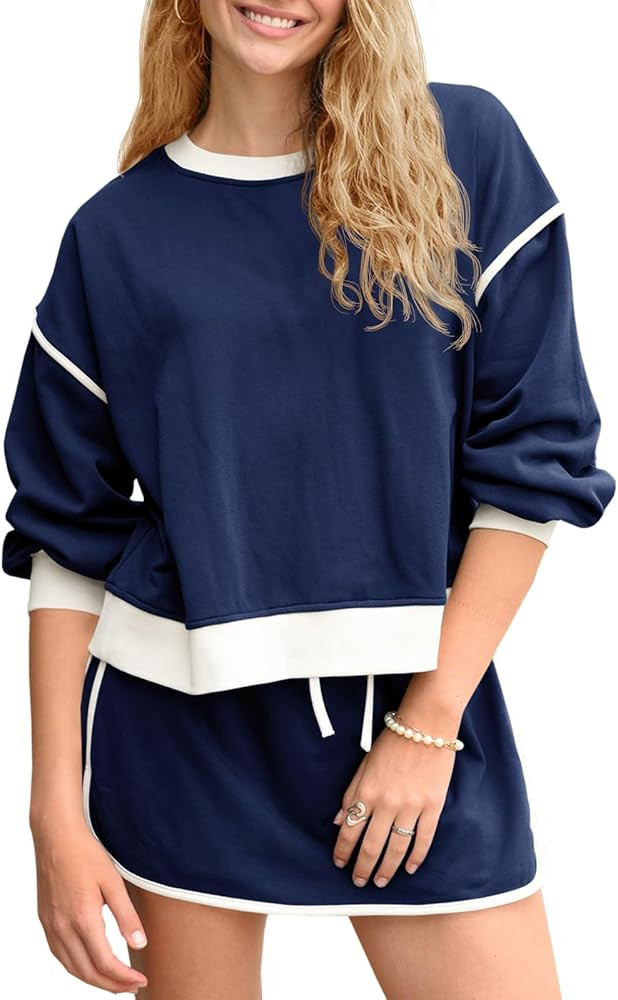 Fisoew Womens Sweatsuits 2 Piece Set Crewneck Sweatshirts High Waisted Skort Skirts Tennis Runnin... | Amazon (US)