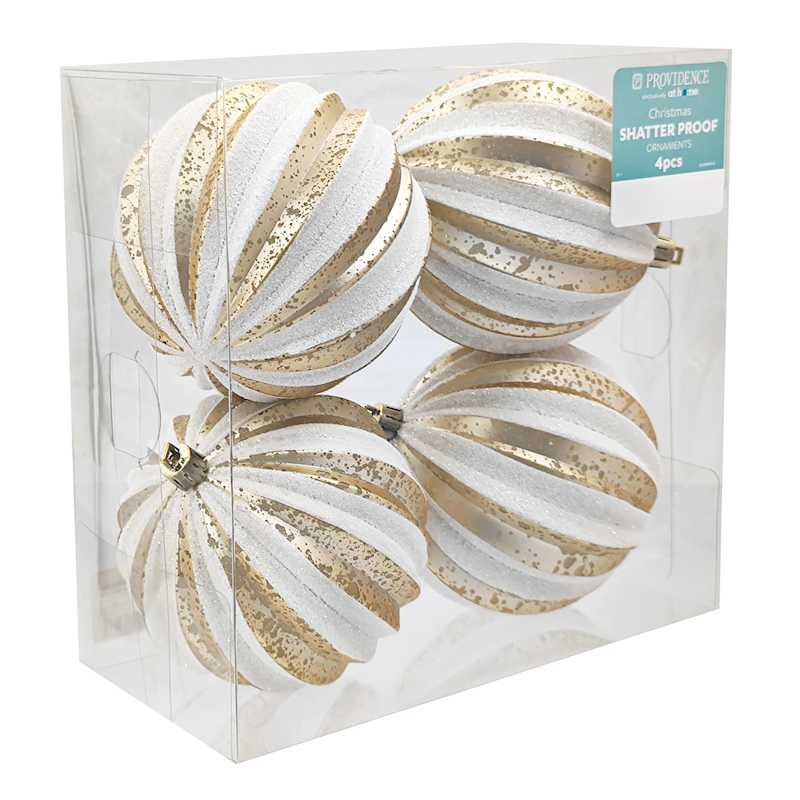 4-Count Gold & White Striped Ball Ornament, 3.9" | At Home