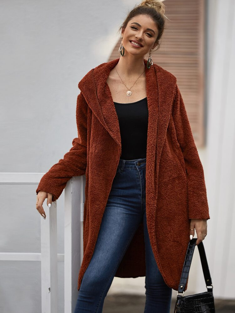 Dual Pockets Open Front Hooded Teddy Coat | SHEIN