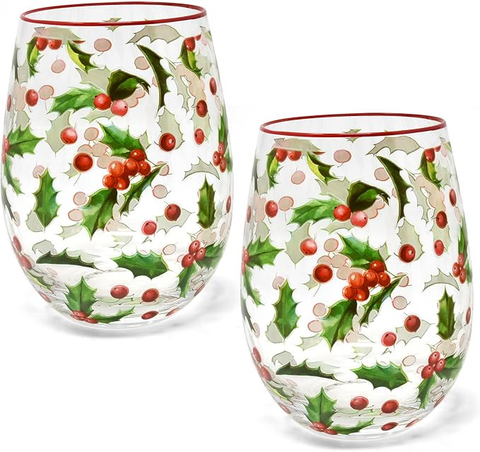 Christmas Stemless Wine Glasses Set of 2 Festive Holly Leaves with Red Berries Xmas Drinking Cups... | Amazon (US)