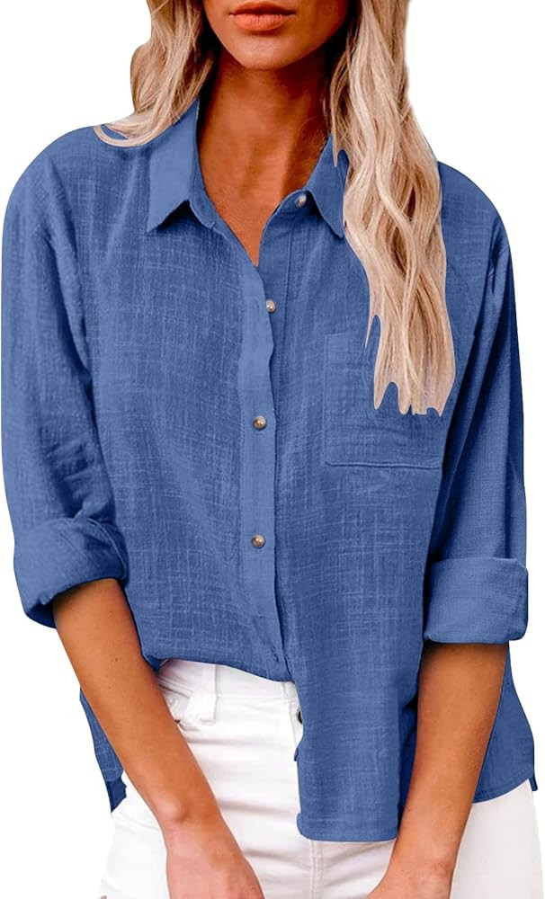 Button Down Shirts for Women Long Sleeve Lapel Gauze Tops Cotton Linen Shirt Collared Loose Casua... | Amazon (US)