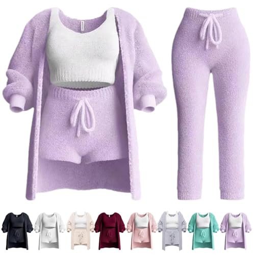 Misscosy Knit Set 4-Piece, Women's Sexy Cozy Knit Set Soft Fleece Pajamas Warm Cardigan Coat Vest + Shorts + Trousers (L,Purple) | Amazon (US)