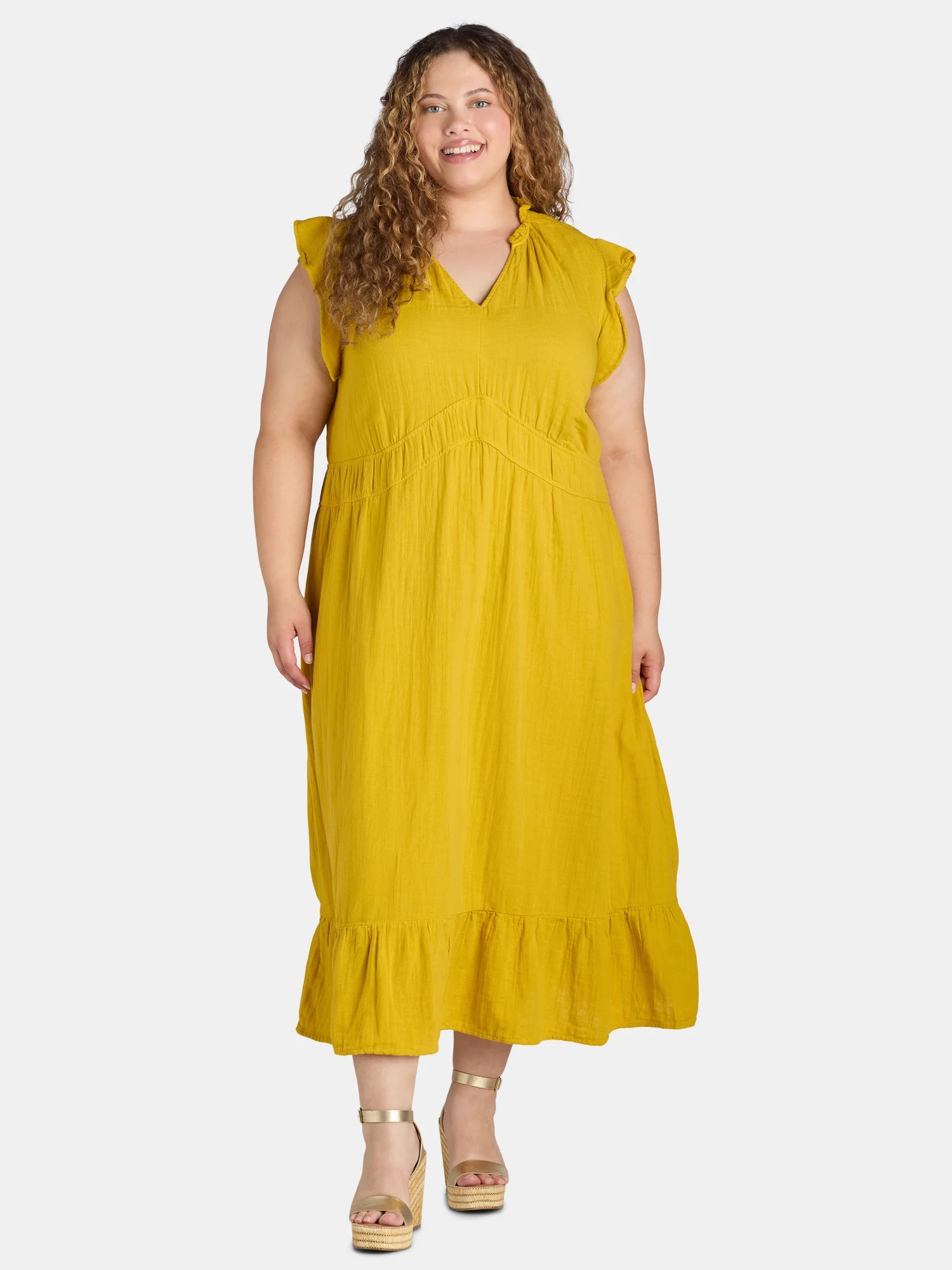 Time and Tru Women's and Women's Plus Double Cloth Midi Dress, Sizes XS-4X | Walmart (US)