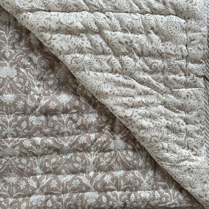 Ridhi Block Print Quilted Taupe Color Reversible Throw Blanket 100% Cotton Quilt, Cover for Couch... | Amazon (US)