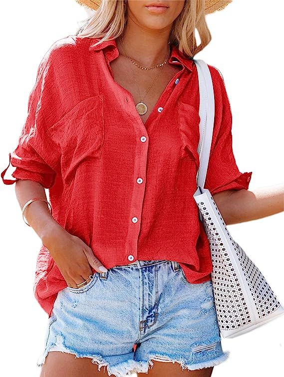 Modershe Blouses for Women Summer Casual V Neck Roll Up Cuffed Sleeve Pockets Button Down Shirts ... | Amazon (US)