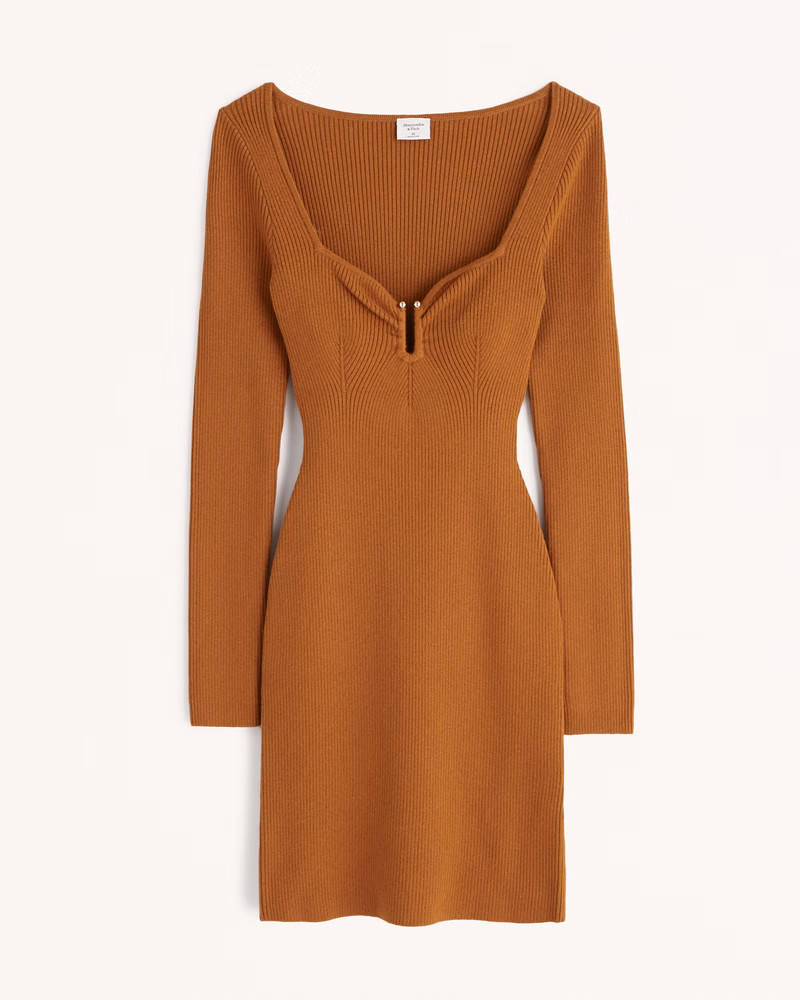 Long-Sleeve Notch-Neck Mini Sweater Dress Brown Dress Dresses Abercrombie Dress Fall Outfits 2022 | Abercrombie & Fitch (US)