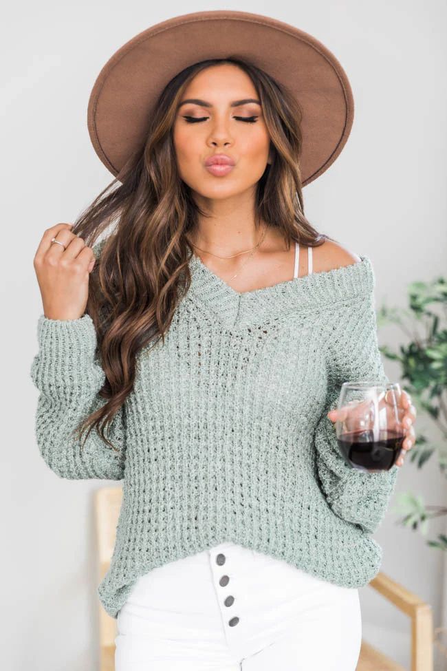 Do Anything For Me Waffle Knit Sweater Sage | The Pink Lily Boutique