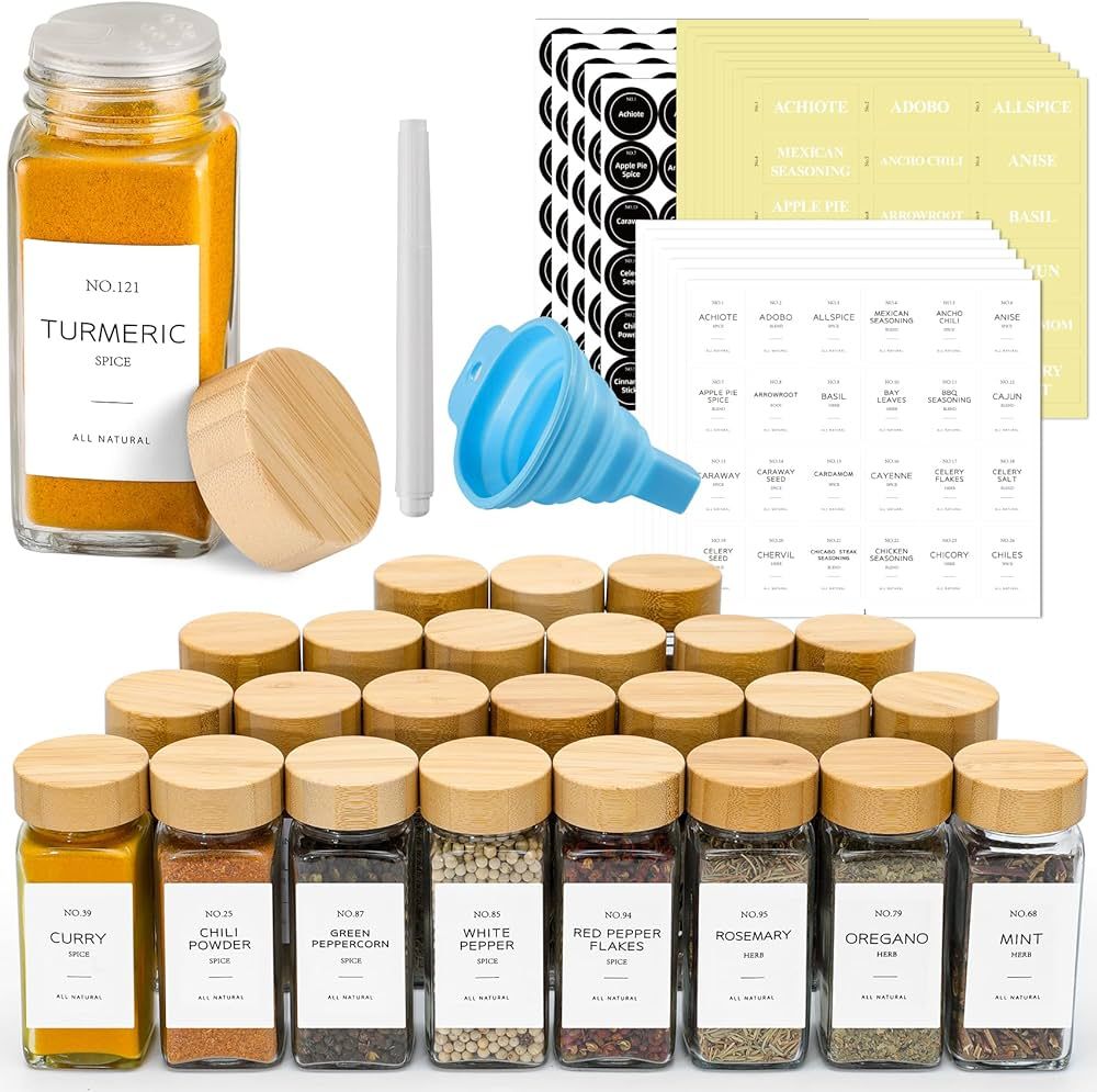 NETANY 24 Pcs Glass Spice Jars with Bamboo Lids, 4 oz Glass Jars with Minimalist Farmhouse Spice Labels Stickers, Collapsible Funnel, Seasoning Storage Bottles for Spice Rack, Cabinet, Drawer | Amazon (US)