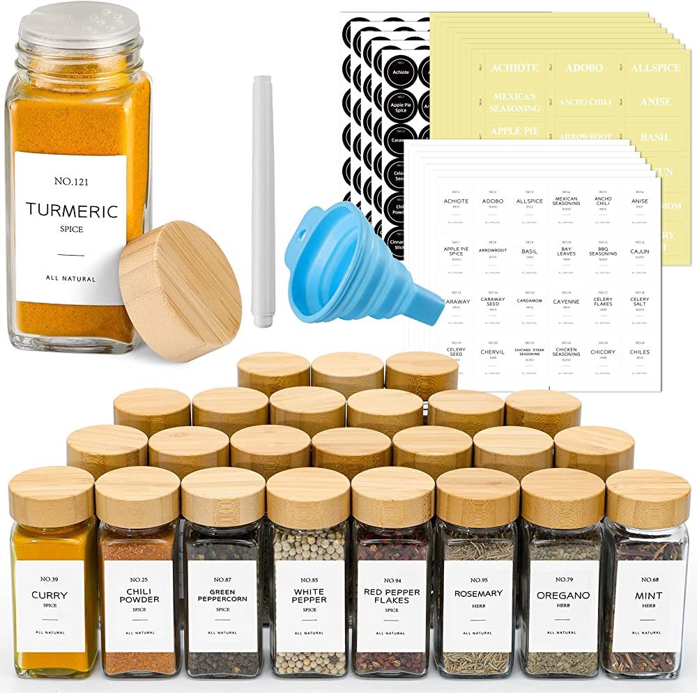 NETANY 4 oz Glass Jars with Bamboo Lids, Minimalist Farmhouse Spice Labels Stickers, Collapsible ... | Amazon (US)