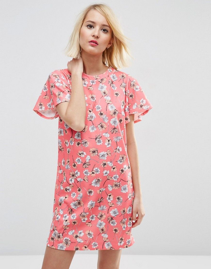 ASOS Ruffle Sleeve Shift Dress in Pretty Floral | ASOS US