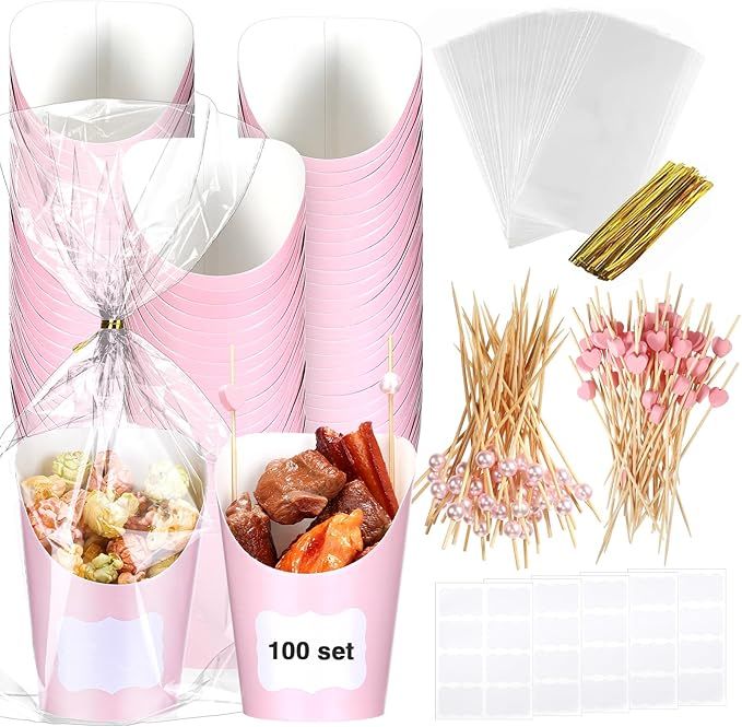 100 Pcs 14 oz Charcuterie Cups, French Fries Holder Disposable with 100 Clear Plastic Bags with T... | Amazon (US)