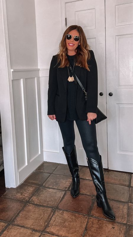 Comfy casual winter outfit with black cowboy boots from. I’m wearing my true size. 
✨Save 20% off with code MELISSA✨

Faux, leather leggings 
Long sleeve oversized, boyfriend T-shirt 
Long black blazer 
Transport bucket tote 

#LTKshoecrush #LTKstyletip #LTKover40